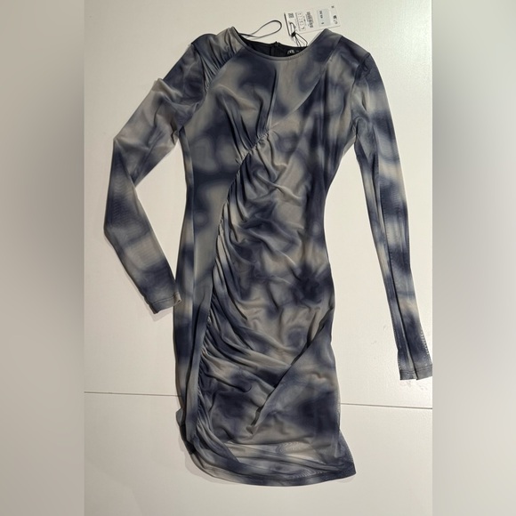 Zara Printed Tulle Long Sleeve Bodycon Dress Size L - Picture 5 of 10
